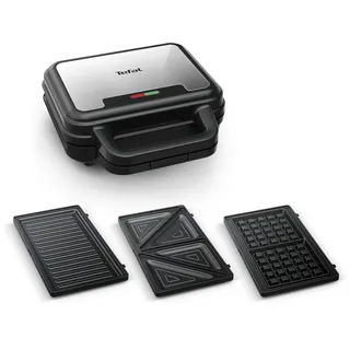 Tefal Ultracompact 3-in-1 Sandwich-Waffel-Panini Kombigerät, Antihaftbeschichtung, wärmeisolierter Griff, Edelstahl/Schwarz, SW383D10 Tischgrill, Schwarz