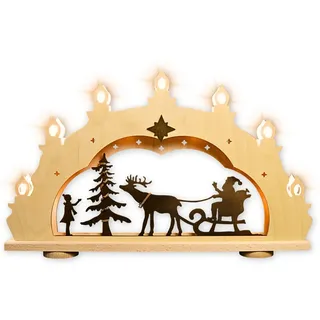 WEIGLA - Schwibbogen original Erzgebirge I Lichterbogen Weihnachten I Motiv Weihnachtsmann auf Schlitten Rustikal I 7 Lampenkerzen + 1 Ersatzlampe I 7 x 34 V, 3 W, E10 I beleuchtete Weihnachtsdeko