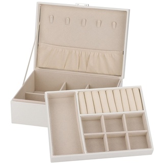 Holz Schmuckkasten mit Doppelschicht, PU Leder Organizer, Schmuckbox Schmuck Aufbewahrungsbox, Schmuck Organizer Box für Halsketten, Multifunktional (WHITE)