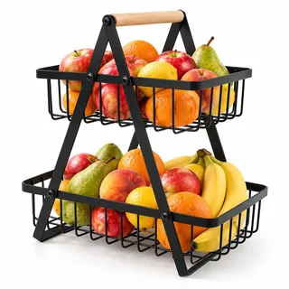 Relaxdays Obst Etagere, 2-stöckig, Luftzirkulation, Küche & Bad, schwarz | Metall, Holzgriff, HxBxT: 29 x 27 x 17 cm, eckige Obstschale, Gitter Obstkorb