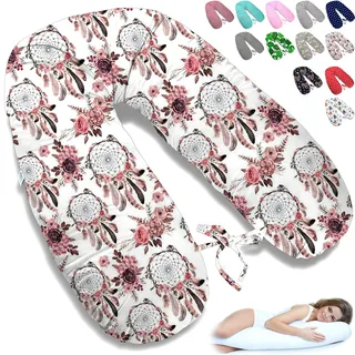 ekm trade 170cm XXL Stillkissen Schwangerschaftskissen Lagerungskissen Seitenschläferkissen große Farbwahl Handmade Baumwolle 100% aus Zertifizierte Materialien (42 – Weiß – Rosa Traumfänger)