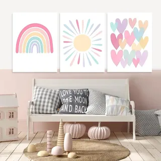 COYUN 3er Poster Set Bilder Kinderzimmer Mädchen Rosa Regenbogen Bilder, Babyzimmer Deko Leinwand Bilder Wandbilder, Wandbilder Kinderzimmer, Wandposter Babyzimmer Deko, Ohne Rahmen (20x25cm)