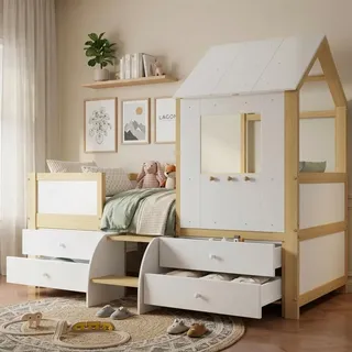 Flieks Hochbett 90x200cm mit 4 Schubladen, Kinderbett Etagenbett mit Leiter und Lattenrost, Hausbett Holzbett Einzelbett mit Rausfallschutz, Holzfarbe - Naturbelassen