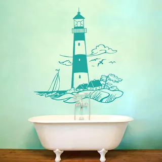 Wandtattoo Wandaufkleber Leuchturm Meer maritime Landschaft M1430 - ausgewählte Farbe: *Dunkelblau* ausgewählte Größe:*S 75cm breit x 80cm hoch