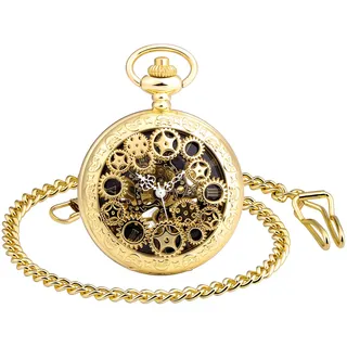 MICGIGI-Unisex Taschenuhr mit Kette Analog Handaufzug Retro Gang Hohlen Mechanische Taschenuhren