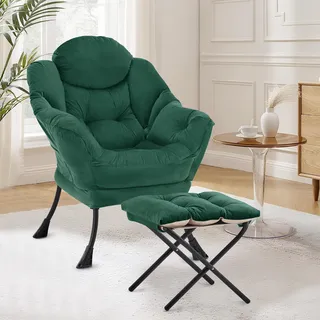 XH.Easy Go Lazy Chair mit Ottomane, Sessel Wohnzimmer Ohrensessel mit Hocker, Lesesessel Bequem Armchair Lounge Sessel mit Fußhocker, Relaxstuhl Relaxsessel mit Fußstütze, Seitentasche, Grün