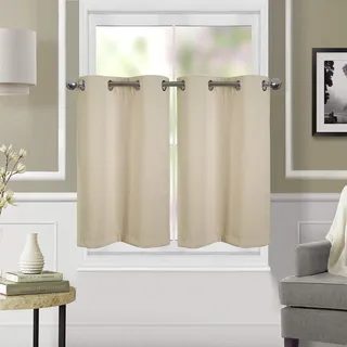 Dreamskull Kurzstores Gardinen Vorhänge Vorhang Schals Kurz Blickdicht mit Ösen Verdunkelungsgardinen Vintage Scheibengardinen Gardinenschals Bistrogardine Modern 90cm hoch 2er Set Wohnzimmer (Beige)