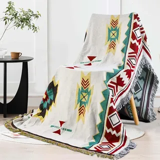 Tolenre Sofadecke 90 x 150 cm, Doppelseitig Boho mit Quaste Decke Baumwoll Strickbettüberwurf mit Muster, Tagesdecke Couchdecke Sesseldecke Wendedecke Campingdecke, Outdoor-Picknickdecke