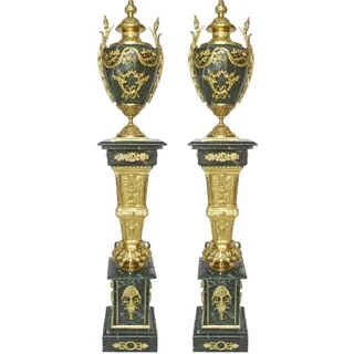 Casa Padrino Barock Deko Porzellan Vasen mit Marmor Säulen Set Grün / Gold 30 x 30 x H. 180 cm - Edel & Prunkvoll