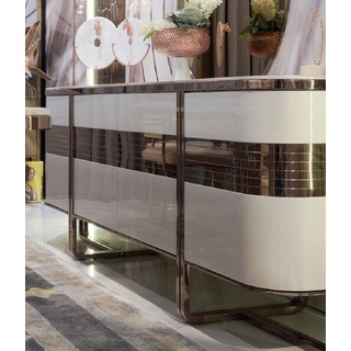 Casa Padrino Luxus Sideboard Creme / Weiß / Kupfer 230 x 55 x H. 89 cm - Edler Massivholz Schrank mit 4 Türen und Kunstmarmor Platte - Wohnzimmer Möbel - Hotel Möbel - Luxus Möbel