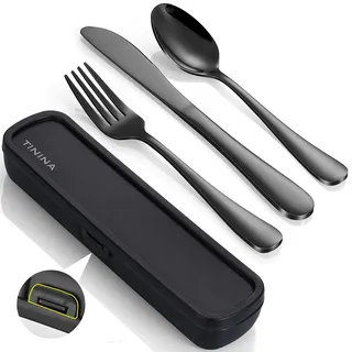 Camping Besteck, Edelstahl Reisebesteck mit Etui, Verstärktes Gehäuse mit Schnallen-Design, Campingbesteck für Outdoor, Reise, Arbeit, Schule, Spülmaschinenfest, Schwarz