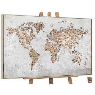 YS-Art Gemälde Weltkarte, Weltkarte, Weltkarte auf Leinwand Bild Handgemalt in Gold beige 140 cm x 100 cm x 3 cm