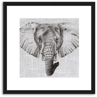 artissimo Bild mit Rahmen Bild gerahmt 30x30cm / Design-Poster inkl. Holz-Rahmen / Wandbild, Schwarz-Weiß Zeichnung: Elefant schwarz