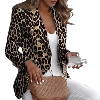 happyhouse009 Damen Langarm Blazer Jacken Leopard Print Revers Knopf Anzug Blazer Slim Fit Jacke Mantel - M