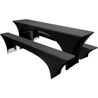 MODERNO Stretch 3tlg. Hussen für Festzeltgarnituren Biertischhussen 70er Bierbank Hussen elastische Biertisch-Husse 220x70cm + 2 Bierbankhussen für Bierzeltgarnitur in Schwarz
