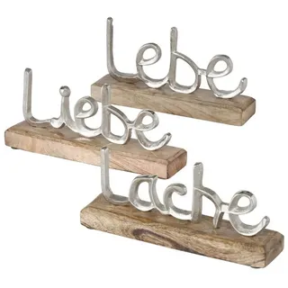 Boltze 3X Schriftzug Jillien Lebe Liebe Lache Aluminium Höhe 12 cm Silber, Natur, Tischdeko, Aufsteller
