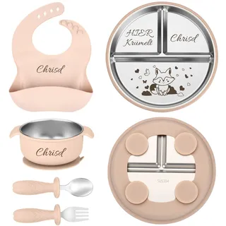Personalisierter Babyteller mit Saugnapf, Edelstahl Teller Baby mit Namen | Beikost Baby Zubehör Personalisierte Geburtstags und Taufgeschenke (Beige)