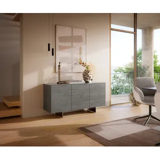 DELIFE Sideboard Cuor, Keramik Beton Grau 150 cm 3 Türen Fuß Schwebeoptik Edelstahl Sideboard grau 150 cm x 60 cm x 45 cm