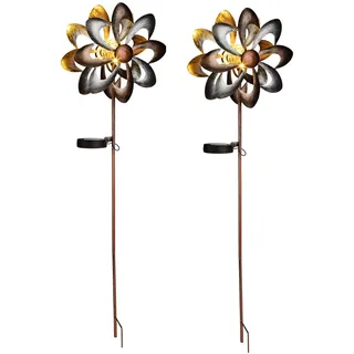 LED Solarlampe Windrad Gartenstecker Außenleuchte Blumen Design Terrassenlampe, Metall gold, silber rost, warmweiß, LxBxH 23 x 12,5 x 92 cm, 2x