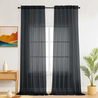Simplebrand Schwarze Transparente Vorhänge für das Schlafzimmer 150 x 260 cm 2 Paneele, Durchsichtige Lichtfilternde Stangentasche, Elegante Fenstervorhänge und Vorhänge für Wohnzimmer