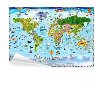decomonkey Fototapete Kinderzimmer Weltkarte 250x175 cm XL Design Tapete Fototapeten Vlies Tapeten Vliestapete Wandtapete moderne Wand Schlafzimmer Wohnzimmer Kinder Tiere