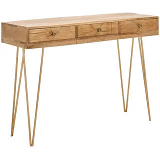 Landscape Konsolentisch, Gold, Hellbraun, Holz, Metall, Mangoholz, massiv, 3 Schublade(n) Schubladen, Haarnadel, 43x82x115 cm, Holzmöbel, Holztische, Konsolentische Holz