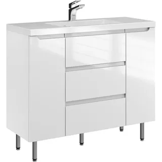 Furni ETH 100 cm D Badezimmer Waschtischunterschrank mit Waschbecken - Standschrank - Hochglanz Weiß - Modernes Design mit integrierten gefrästen Griffen - Keramik Waschbecken - vormontiert