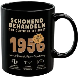1956 Geschenk 70 Geburtstag Mann, Tasse Schonend behandeln Oldtimer ist 70, Lustig Kaffeetasse als Geburtstagsgeschenk für Männer Ehemann Papa Opa Freund Kollege Bruder, Keramik 350 ml, Schwarz