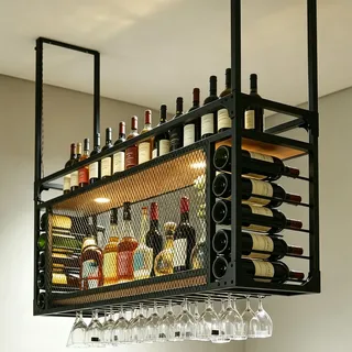 RAJYQODIS 160cm Hängendes Weinregal, 2-Lagiges Schwimmendes Deckenregal aus Metall, Stabil Flaschenhalter Aufbewahrungsregal, Geeignet für Küche, Esszimmer, Bar, Restaurant und Hotel (160cm)
