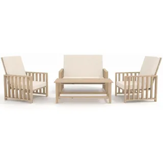 SET Solena Gartenmöbel Kiefer mit beigen Kissen 2 Sesseln Sofa und Tisch aus Kiefernholz für Terrasse Balkon Garten Lounge Möbel wetterfest modern - Braun