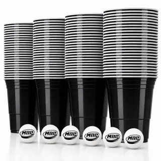 MYBEERPONG® Party Cups Schwarz 100 Stück + 6 Bälle 473 ml / 16 oz – BPA-freie stabile Plastikbecher Mehrweg Partybecher für Beer Pong, Geburtstag, Festival, BBQ & Party