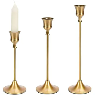 Luxvara Kerzenständer Stabkerzenhalter 3er Set, Metall Kerzenhalter Stab, Vintage Deko Kerzenleuchter, Stabkerzenhalter Matt für Party Hochzeit Tischdeko Wohnkultur, 23/20/17 cm (Gold)