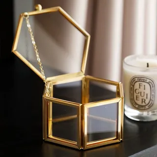 WHSLILR Schmuckkästchen aus Glas im Vintage-Stil, sechseckig, goldfarbene Glasbox, Aufbewahrungsbox für Ringe, Ohrringe, Schmuck, Organizer und dekorative Box, Geschenk für Frauen und Mädchen