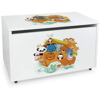 Leomark Spielzeugkiste aus Holzwerkstoff, 91L, Sitzbank, Rollen, Arche Noah | Maße 71x40x46 cm, Deckel mit Absenkmechanismus, 18 mm Möbelplatte, Metallscharniere, Innenmaß 66x36x38 cm, Selbstmontage