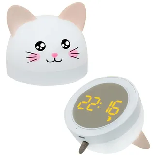fesoklaf Niedlicher Katzenwecker mit Nachtlicht, Kinder-Digitalwecker für Kinder, 12/24H digitaler Kalenderwecker und wiederaufladbarer Schlaftrainer-Uhr für Jungen und Mädchen Schlafzimmer