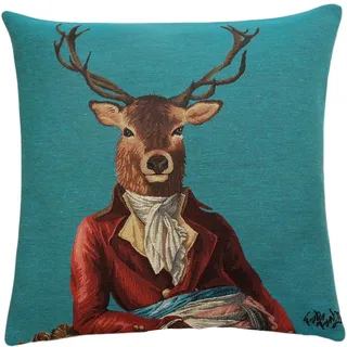 Belgian Tapestries edle Kissenhülle, Zierkissenhülle 45 X 45 cm Aristodeer Stag, Hirsch auf türkis, Gobelin Cushion