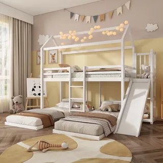 [n622t148589w]etagenbett, Kinderbett, Stabile Bettrahmenkonstruktion, Mit Rutsche, Einzigartiges Dachdesign, Design Mit Drei Schlafplätzen, Stauraum Im Oberen Bett, Kiefer+mdf, Weiß, 90x200cm