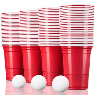 TRESKO 50 Beer Pong Becher + 6 Bälle wiederverwendbar | Partybecher 473ml - 16oz | Bierpong, Red Cups extra stark | Plastikbecher Rot
