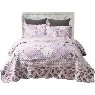 Gesteppte Tagesdecke Set 3-teilige reversible Patchwork-Bettdecken Weiche gebürstete Mikrofaser-Doppelkönigin-Steppdecke mit 2 Kissenbezug(Purple... - Violett