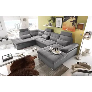 Couch Jakarta Wohnlandschaft Sofa Lederlook Schlaffunktion Schlafsofa dunkelgrau grau hell gemustert Ottomane links 324 cm - Hellgrau/Grau