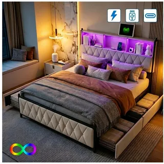 Furnishings Home Polsterbett 140x200 cm Stauraumbett LED Doppelbett (1 tlg, Geeignet für Jungen und Mädchen, Mit große Stauraum), mit Lattenrost und Ladefunktion, mit Komforthöhe, Leises Design Bett beige