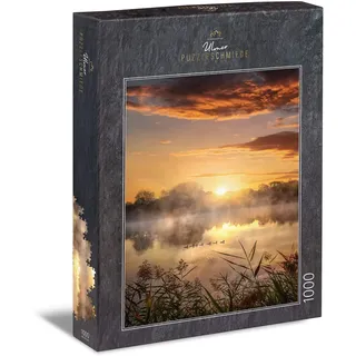 Ulmer Puzzleschmiede - Puzzle "Morgenstund" - Klassisches 1000-Teile Puzzle mit See-Motiv - Stimmungsvolle Seen-Landschaft am Morgen mit Enten-Familie im Wasser - Made in Germany