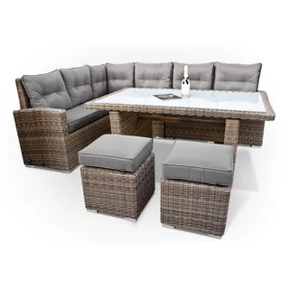 Premium PolyRattan Dining lounge - Deutscher Hersteller - 8 Jahre GARANTIE - Aluminium Gartenmöbel Essgruppe Polster Sitzkissen Grau Natur Rostfrei Esstisch Rattan Garten Sitzgruppe Tisch