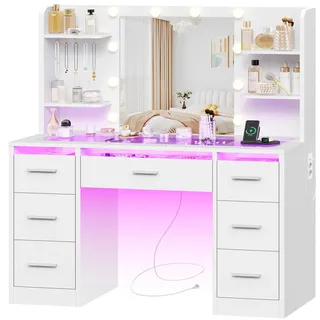 TEENFON Große Schminktisch mit LED-Beleuchtung und Steckdosen, Schminktisch mit Spiegel, 4 offenen Ablagen und 5 Schmuckhaken für das Schlafzimmer, Weiß,7 Schubladen Schminktisch+RGB+Glasplatte