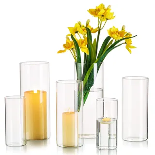 Hewory Vasen Set Glasvase Zylinder: 6er Glasvasen für Tischdeko Hochzeit, Groß Vase Glas Kerzengläser Windlicht Glas, Kerzenhalter Zylindervasen Set für Wohnzimmer Deko Hochzeitsdeko, 15/20/25cm