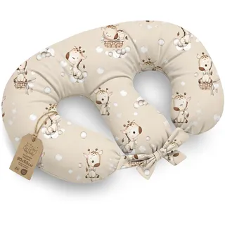 XXL Stillkissen für Zwillinge in Halbmond-Form 90x50 cm formstabil | Zwillingsstillkissen formstabil mit Baumwollbezug abnehmbar für Neugeborene Breastfeeding Pillow Twins mit Gurten Giraffen