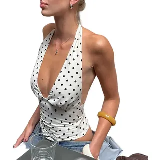 Drivstraw Damen Polka Dot Neckholder Crop Top Ärmellos Rückenfrei Slim Fit Tank Weste Elegant Casual Street Sommer Bluse für Alltag Schwarz Weiß Gelb