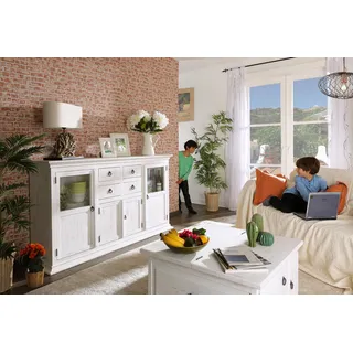 Großes weißes Landhaus Highboard aus Pinie Massivholz