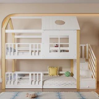 Merax Etagenbett 90x200cm mit Treppe und Rausfallschutz, Kinderbett mit Fenster und Dach, Hausbett Jugendbett Massivholzbett Stockbett, Weiß/Natur - Weiß