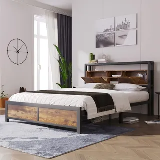 Flieks Metallbett 140x200cm, Bettgestell Jugendbett mit Lattenrost und Stauraumkopfteil, Doppelbett Tagesbett Gästebett, Schwarz - Schwarz